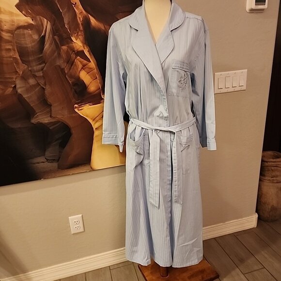 MISS ELAINE Classics  Lightweight Cotton Mid Robe M Blue & Stripe Ties Belt - Picture 1 of 7